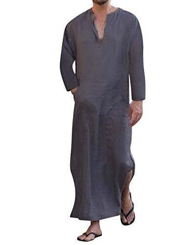 Jacansi Men's 65% Cotton 35% Linen Kaftan Thobe, Long Sleeve Casual Arabic Robe, Loose Long Gown with Pockets - color: Purple-gray #1, size: 3X-Large