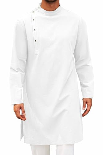 Runcati Mens Kaftan Thobe Robe Long Sleeve Muslim Gown Kurta - color: White, size: Medium