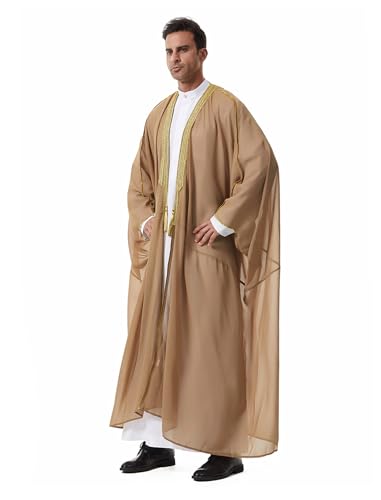 OBEEII Men Muslim Thobe Open Front Chiffon Ramadan Abaya Cardigan Dubai Saudi Embroidery Eid Islamic Clothes Prayer Kaftan - color: Coffee, size: X-Large