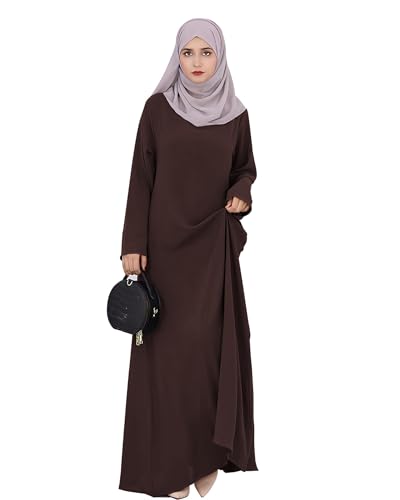 Solid Color Women Abaya Modest Muslim Prayer Robe Long Sleeve Dubai Maxi Dress Islamic Lightweight Dress - color: Brown, size: Large