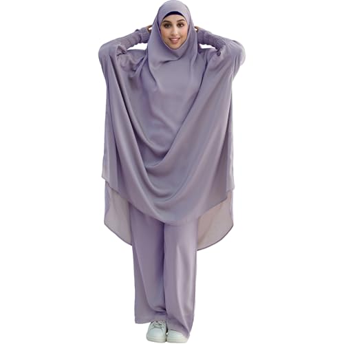 2PCS Muslim Khimar Pants Set for Women Loose Batwing Sleeve Praying Clothing Wear Modest Islamic Dubai Arabian Muslim Outfits - color: Light Gray, size: Medium-Large