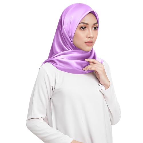 Elegant Satin Jersey Muslim Hijab Scarf Square Soft Head Wrap Scarves Shawl for Women Girls - color: Light Purple(90*90cm)