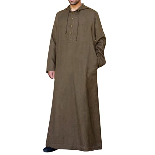 Mens Kaftan Cotton Linen Hooded Long Sleeve Thobe Solid Color Side Pockets Loose Breathable Lightweight Tunic Jubba - color: 02#_brown, size: Large