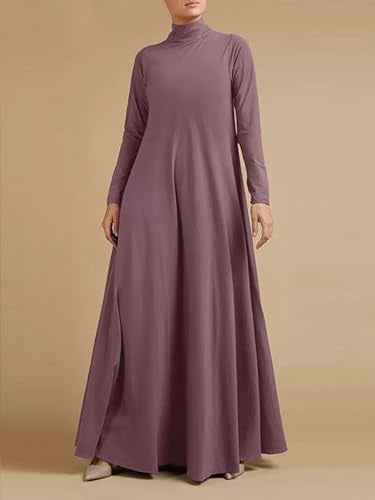 WSPLYSPJY Women Girls High Neck Long Sleeve Abaya Muslim Dress Solid Color Prayer Clothes Islamic Robe - color: Purple, size: Medium