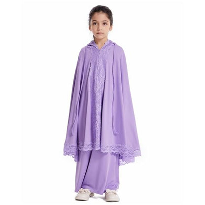 Girls Muslim 2 Piece Outfits Long Sleeve Prayer Full Cover Lace Hijab Dress Outfit Teen Soft Breathable Elastic Hooded - color: Purple, size: 13-14 Years