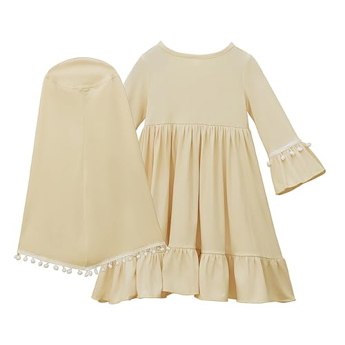 Muslim Dresses for Kids,2pcs One-Piece Long Sleeve Dubai Islamic Prayer Dress Prayer Rug Beads, Islamic Clothes Set - color: Khaki, size: 6-12 Months