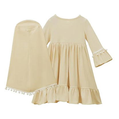Prayer Set for Muslim Kid Girls Two Pieces Set Skirt Scarf, with a Prayer Rug and Rosary, Suitable East Dubai Clothes - color: Khaki, size: 3-4T