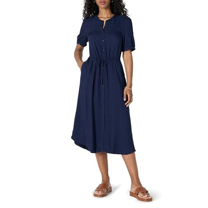 Amazon Essentials Women's Relaxed Fit Half-Sleeve Breathable Button Front Drawstring Waist Midi A-Line Dress with Pockets - color: Navy, size: X-Small