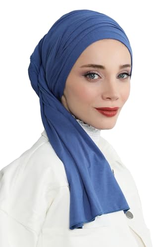 Aisha's Design Instant Hijab Scarves for Women, 95% Cotton Pretied Bonnet Turban Easy to Wear Cotton Headscarf - color: Indigo