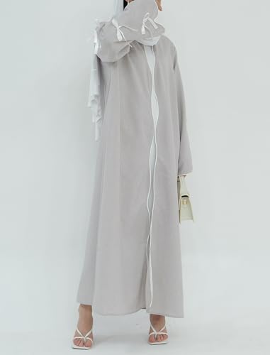 ODIZLI Women's Eid Abaya Dresses Long Sleeve Open Front Pearl Bowknot Prayer Dress Ramadan Cardigan Dubai Kaftan - color: Gray, size: XX-Large