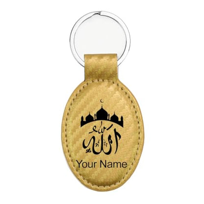 LaserGram Oval Keychain, Allah 2, Personalized Engraving Included (Carbon Fiber Gold) - color: Carbon Fiber Gold