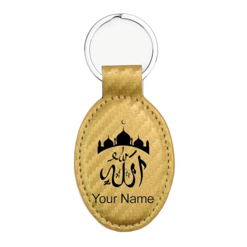 LaserGram Oval Keychain, Allah 2, Personalized Engraving Included (Carbon Fiber Gold) - color: Carbon Fiber Gold