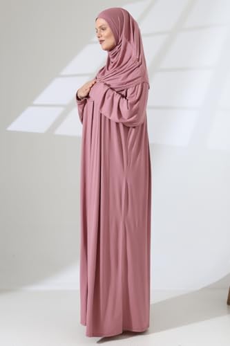 ihvan online Muslim Dresses for Women, Prayer Dress, Islamic Abaya with Hijab, One-Piece Long Sleeve Muslim Dress - color: Dusty Rose
