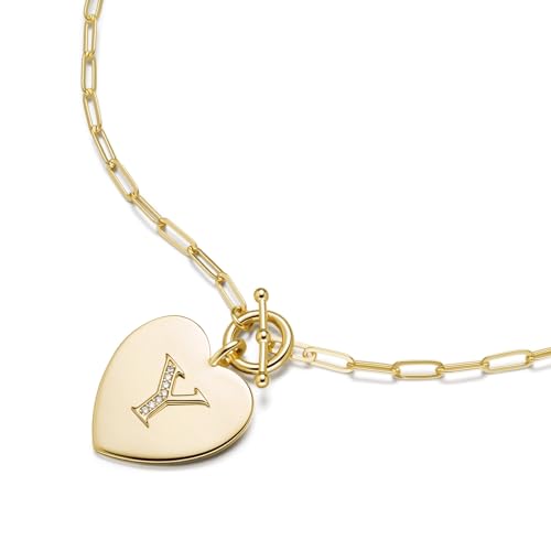 14K Gold Filled Heart Initial Necklace for Women, Dainty Alphabet Pendant Necklace with Paperclip Chain, Hypoallergenic Jewelry Gift for Her - color: Letter Y