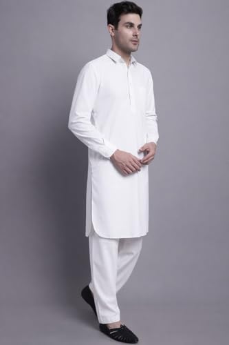 Maple Clothing Punjabi Kurta Pajama Set Mens Pathani Cotton Indian Clothes Bollywood Outfit - color: White, size: Small