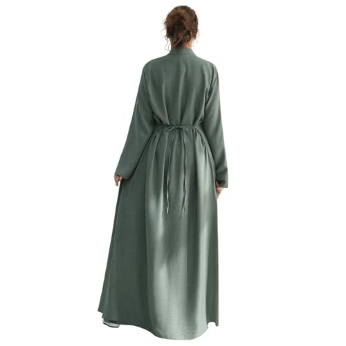 2PCS Women Muslim Abaya Dress Stand Collar Full Coverage Cardigan Dress Set - color: Green, size: Large