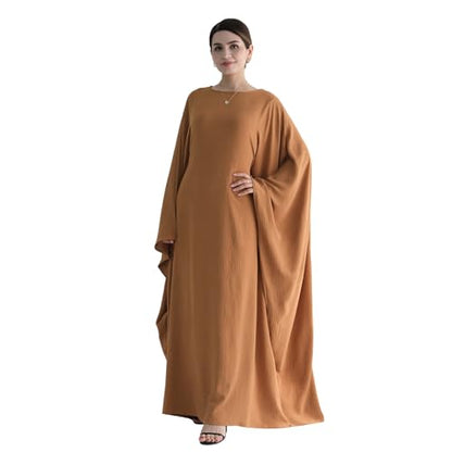 Abaya 무슬림 여성용 드레스 배트윙 슬리브 루즈핏 맥시 겸손한 이슬람 의류 히잡 스카프 포함 기도 드레스 - color: 카키
