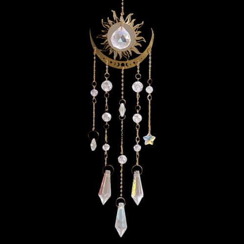 CREATCABIN Sun and Moon Crystal Suncatcher Crystal Wind Chimes Suncatchers Prism Rainbow Maker Accessories Decoration Pendant Ornament Hanging Reflector for Indoor Outdoor Window Home Garden - style: Sun and Moon
