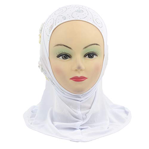 Instant Hijab for Kids Girls Hijabs Muslim Islamic Head Scarf with Rhinestone and Flowers - color: White