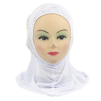 Instant Hijab for Kids Girls Hijabs Muslim Islamic Head Scarf with Rhinestone and Flowers - color: White