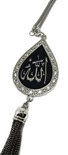 Car Rear Mirror Hanging Ornament with Hanging Chain AMN-352 Water Drop Design Allah Muhammad Names Islam Religious Metal Pendant Arabic Calligraphy Eid Ramadan Muslim Gift (Silver) - color: Silver