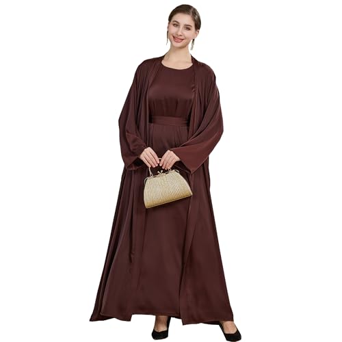 Islamic Abaya Dress for Women Muslim Maxi Abayas 2pcs Silky Fashion Dress Set Daily Kaftan Jilbab Outfit Women Eid Robe - color: Browna, size: X-Large