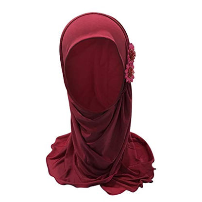 Girls Ice Silk Muslim Khimar Hijab Headscarf Flower Arab Scarf Shawls Neck Wrap Islamic Head Wrap for Age 2-7 Years - color: Style 1-wine Red