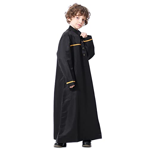 Boy's Muslim Arab Islamic Kaftan Embroidered Robe Solid Color Thobe Islamic Arabic Abaya Ethnic Dress With Pockets - color: Black Stripe, size: 5-6 Years
