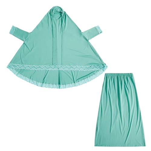 IBTOM CASTLE Little Girls Muslim Prayer Dress Abaya Long Sleeve Full Cover Lace Hijab Kaftan Dubai Islamic Modest Eid Jilbab - color: Green, size: 5-6 Years