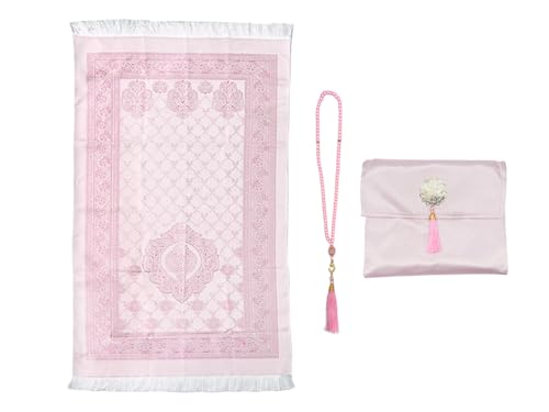 Muslim Prayer Rug and Beads with Elegant Slub Fabric Bag, Islamic Prayer Mat, Muslim Prayer Rug, Ramadan Prayer Blanket, for Gifts, Muslim, Islamic, Ramadan, Prayer (Pink,110 * 70CM)