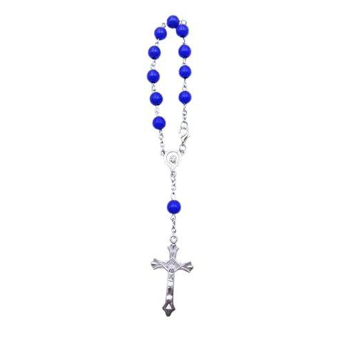 LAINLOY Car Rearview Mirror Decoration, Rosary Cross Medal Pendant, Blue, Universal Fit, Lightweight, Manual Operation - color: Blue