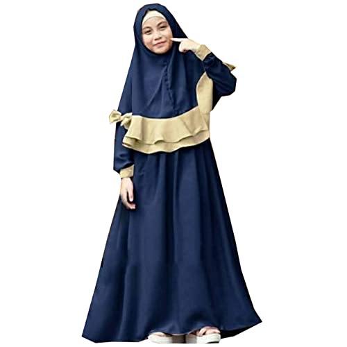 Kids Prayer Dress Muslim Clothes Outfits for Toddler Girls Long Sleeve Abaya with Hijab Two Piece Maxi Islamic Set - color: Blue, size: 18-24 Months