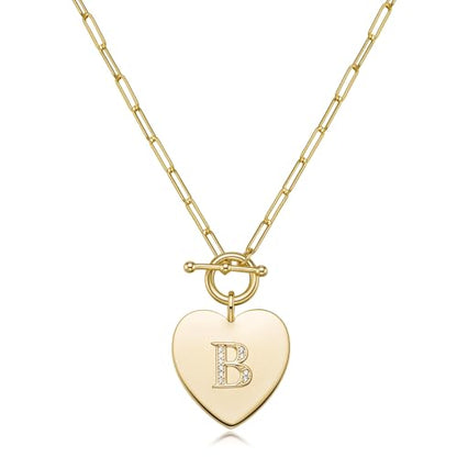 14K Gold Filled Heart Initial Necklace for Women, Dainty Alphabet Pendant Necklace with Paperclip Chain, Hypoallergenic Jewelry Gift for Her - color: Letter B