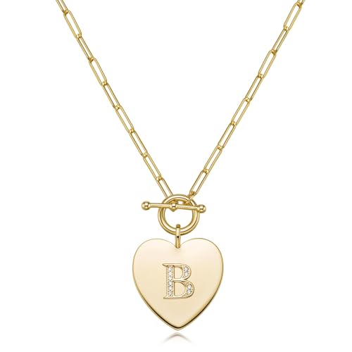 14K Gold Filled Heart Initial Necklace for Women, Dainty Alphabet Pendant Necklace with Paperclip Chain, Hypoallergenic Jewelry Gift for Her - color: Letter B