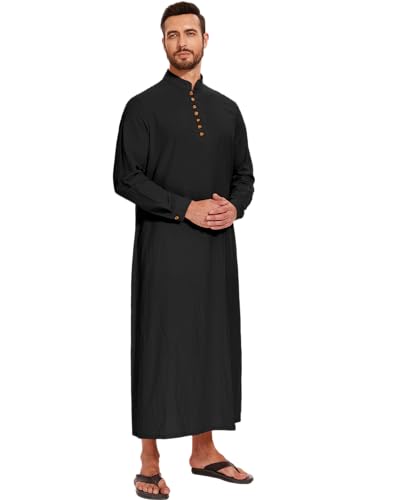 LVCBL Thobe for Men Long Sleeve Kaftan Muslim Thobe Button Down Long Gown Caftan with Pockets - color: Black, size: Medium