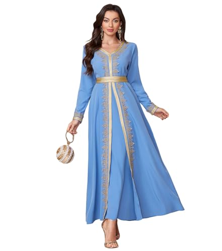 Abaya Dress for Women Muslim Moroccan Maxi Kaftan Dress Arabic Islamic Dubai Robe Ramadan Prayer Wedding Clothes - color: Blue, size: Large