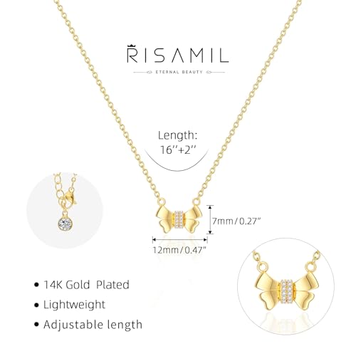 Risamil 여성용 골드 목걸이 - 리본 목걸이 14K 앙증맞은 골드 목걸이 귀엽고 작은 나비 펜던트 초커 체인 목걸이 트렌디 목걸이 여성용 골드 주얼리 선물 - color: 리본 목걸이-3