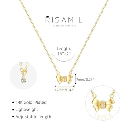 Risamil 여성용 골드 목걸이 - 리본 목걸이 14K 앙증맞은 골드 목걸이 귀엽고 작은 나비 펜던트 초커 체인 목걸이 트렌디 목걸이 여성용 골드 주얼리 선물 - color: 리본 목걸이-3