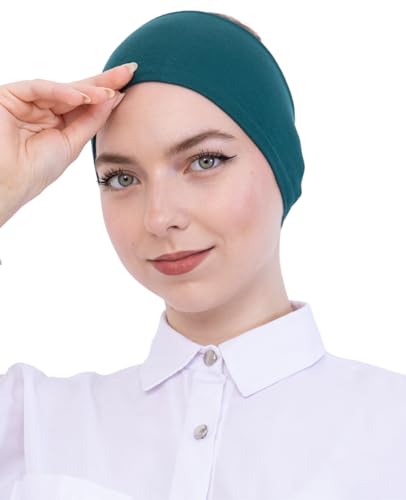 Prien Women Cotton Hijab Cap, Stretchy Head Cover, Pre-Sewn Inner Muslim Scarf Undercap, Non Slip Headband for Daily Wear - color: Emerald