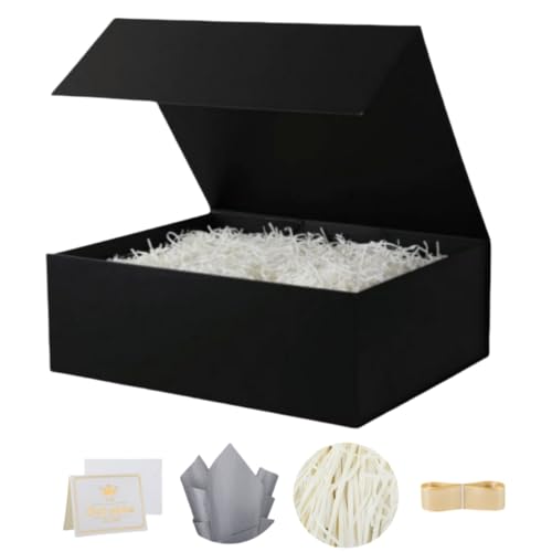 UoeRing 1 Pcs Black Gift Box Large 11.5x8x4 Inch with Magnetic Lid | Collapsible Luxury Present Box,for Birthday,Christmas Holiday Gift Includes Card,Ribbon,Tissue Paper & Shredded Filler - color: 13.5x11.8x4.7 Inch-Black-Pack of 1