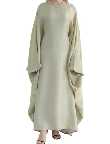 Dubai Bat Sleeve Dress Shiny Robe for Women Muslim 1pc Abaya Eid Prayer Clothes Soft Dubai Travel Party Dress Maxi Abaya - color: Beigea, size: Medium