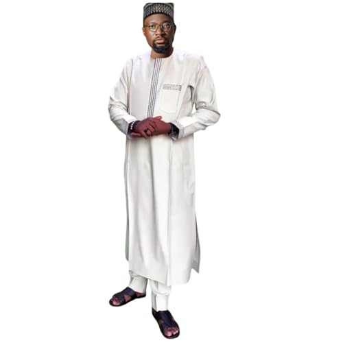 HD African Clothing Long Kaftan Clothes Sets Embroidery Dashiki Outfit for Man - color: White562, size: 4X-Large