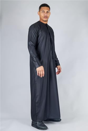 Men's Thobe Emirati Omani Jubba Islamic Clothing Muslim Kaftan Eid Robe String Tassel|Black - color: Black Regular, size: Large