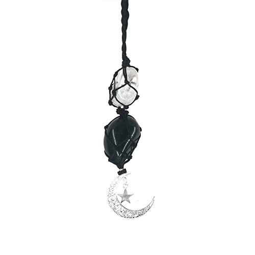 Crystals Obsidian Crystal Stone Cute Boho Car Mirror Hanging Accessories for Women and Men,Car Charm for Rear View Mirror Ornaments Decor with Moon and Star - color: White Crystal-obsidian