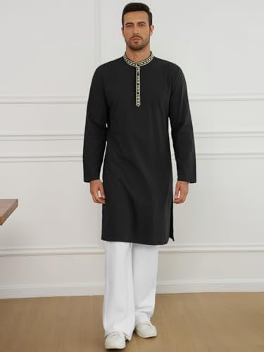 Runcati Mens Cotton Kaftan Robe Long Sleeve Button Down Henley Shirts Thobe Casual Side Split Gown Shirt - color: Black, size: Large