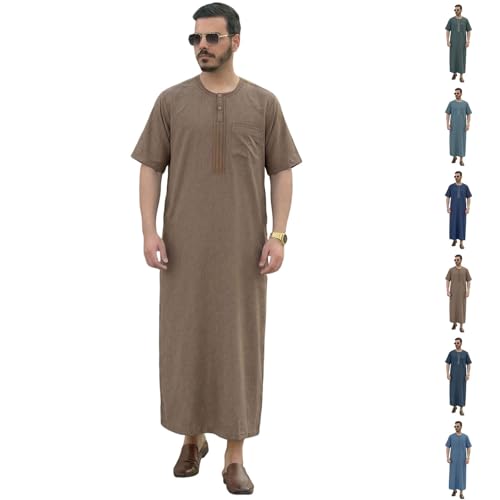 Muslim Thobe For Men Embroidery Mogadishu Short Sleeve Crew Neck Robe Jubba Prayer Kaftan Comfortable Arabic Abaya - color: Khaki, size: X-Large