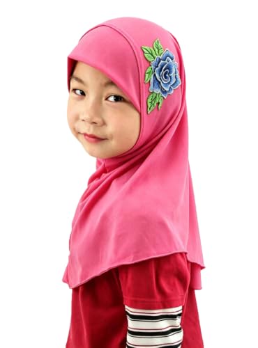 Girls Hijab Scarf Soft Headwrap with Floral Applique, One-Piece for Active Kids, Ideal for School & Daily Wear - color: Rose Red
