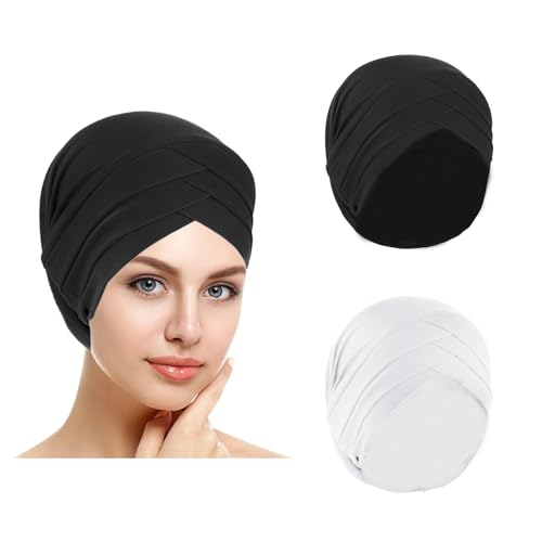 PURFUN 2 Pcs Muslim Inner Hijab Caps Women Girls Stretchy Breathable Full Cover Undercap Tube Bonnet Under Scarf Hats Beanie - color: Black+white/2pcs