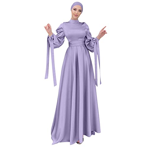 OBEEII Muslim Dress for Women Loose Full Cover Long Abaya Satin Dress Kaftan Abayas Islamic Robe S-XXL - color: Purple+hijab, size: Small