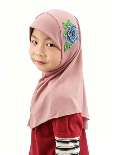 Girls Hijab Scarf Soft Headwrap with Floral Applique, One-Piece for Active Kids, Ideal for School & Daily Wear - color: Dark Pink